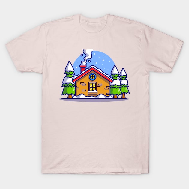 Snow Cabin in Winter Cartoon T-Shirt by Catalyst Labs